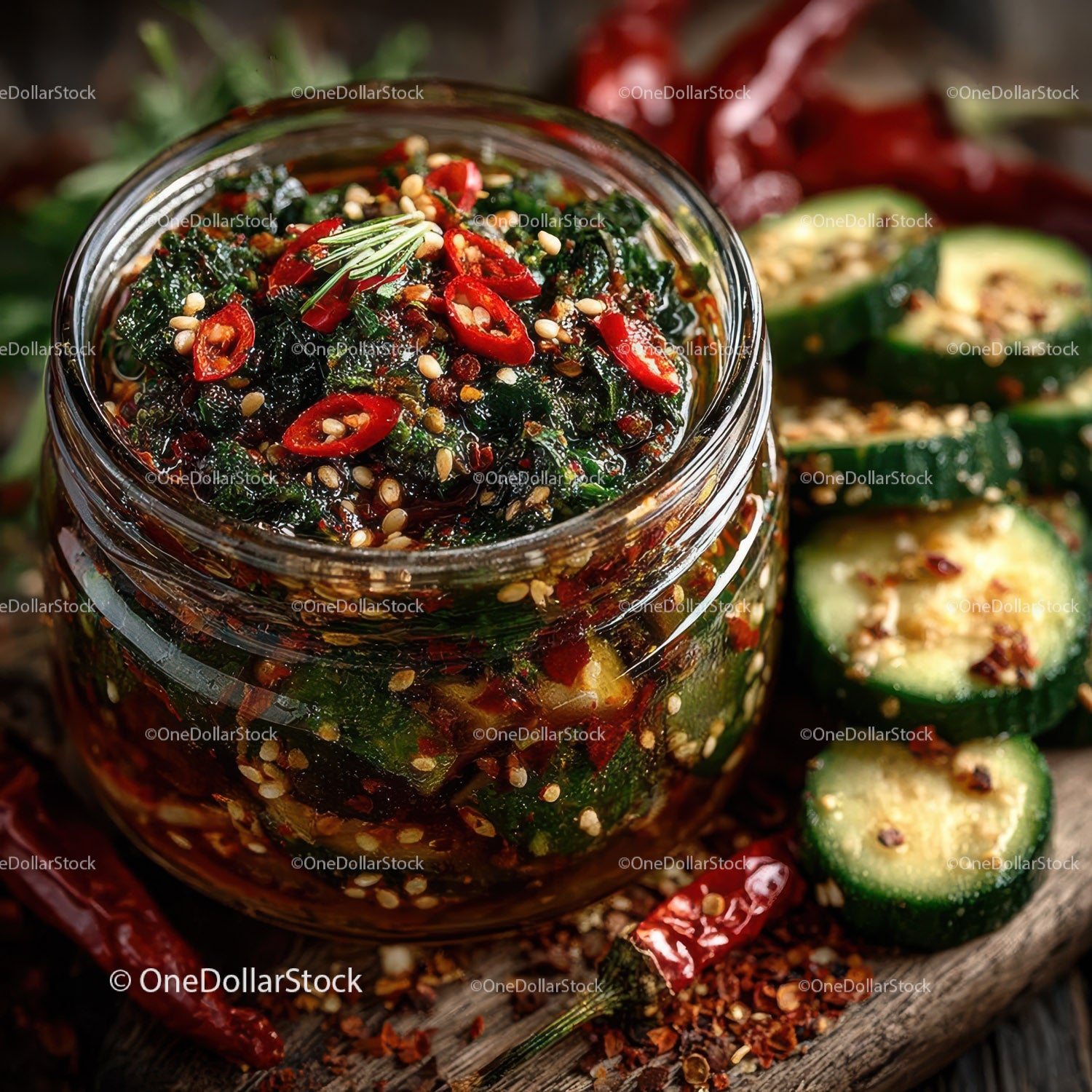 Spicy Chili Garnish with Fresh Vegetables and Sesame Seeds in a Glass Jar