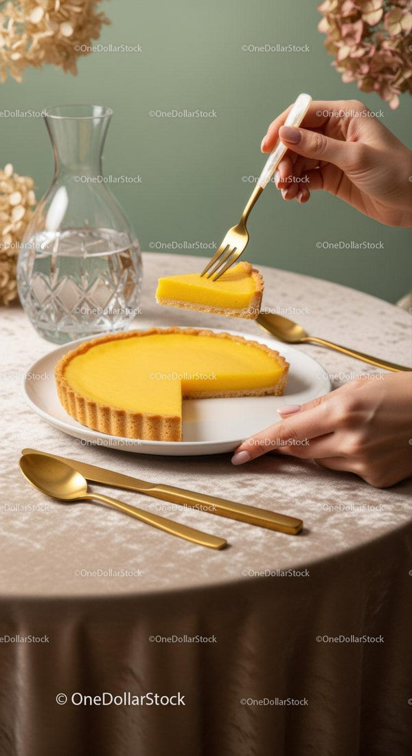 Elegancka tarta cytrynowa ze złotym widelcem na stylowym stole