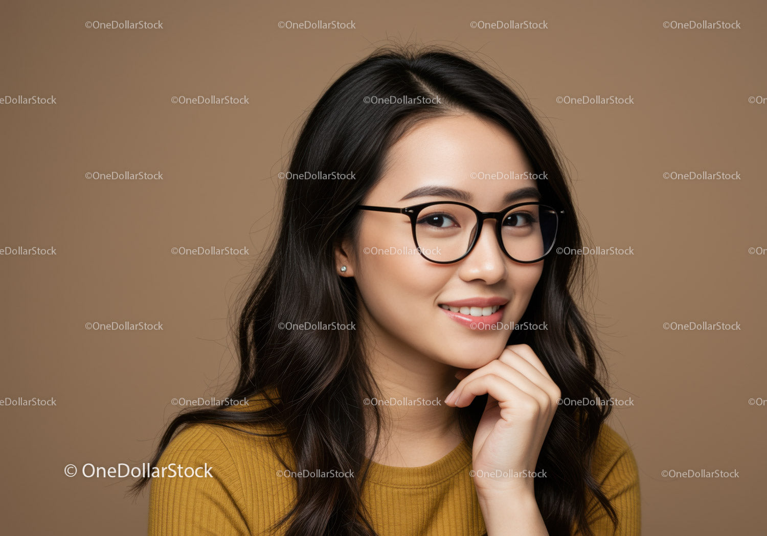Young Woman with Glasses Smiling in Portrait with Brown Background