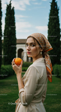 Stylish Woman Holding an Orange in a Bright Outdoor Setting