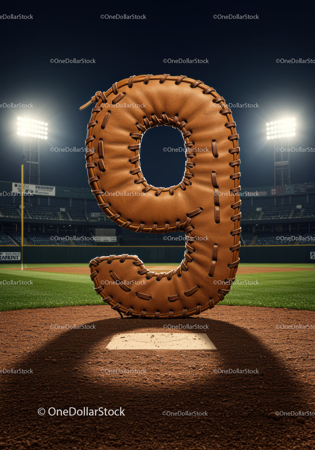 Leather baseball glove shaped like number nine on pitch