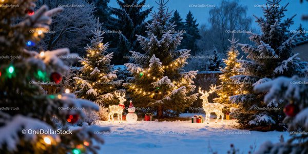 Winter Garden with Festive Lights and Holiday Decor