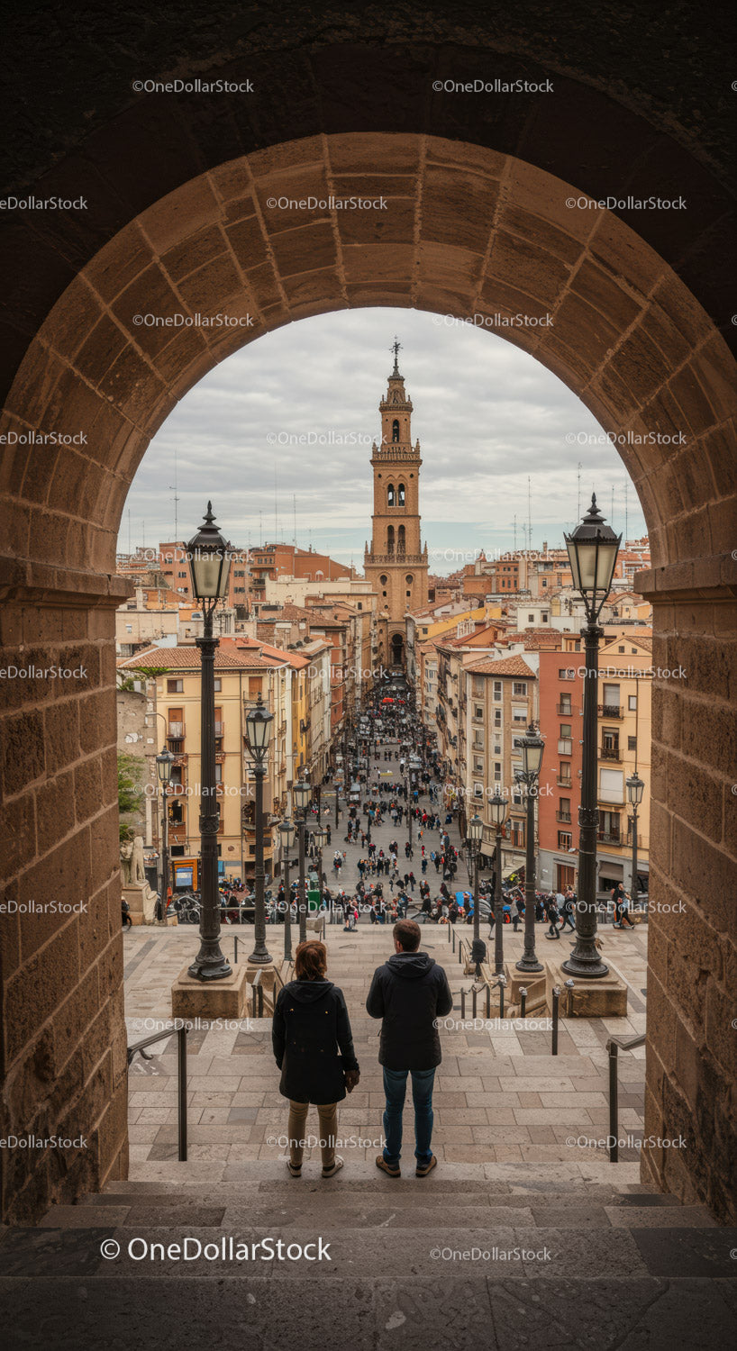 City Street with Tower and Crowds in a European Historic Town