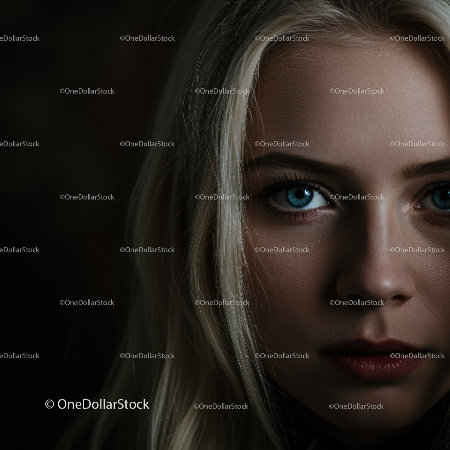 Close up portrait of a woman with striking blue eyes