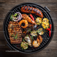 Grilled Seafood and Vegetables on a Barbecue Grill