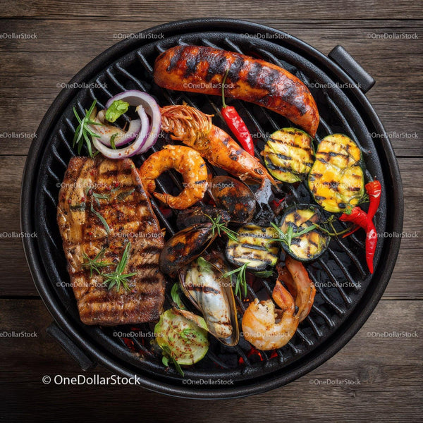 Grillowane owoce morza i warzywa na grillu barbecue