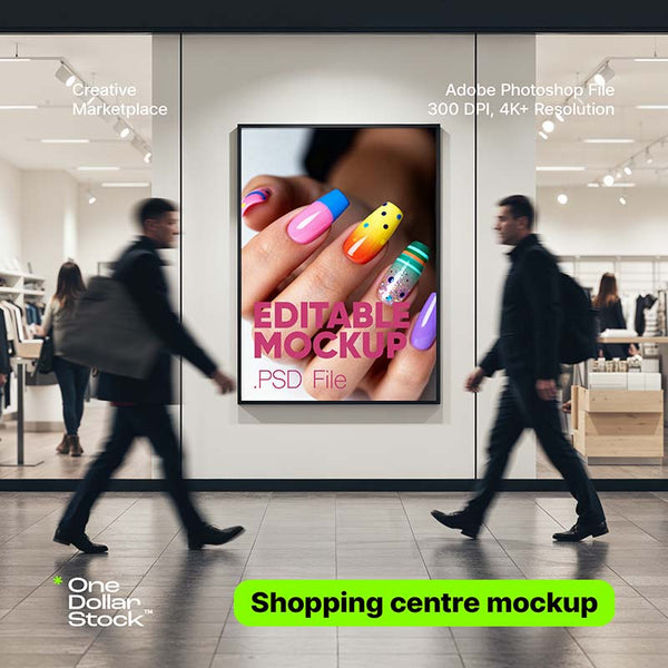Nowoczesne wnętrze centrum handlowego z plakatem kolorowego manicure