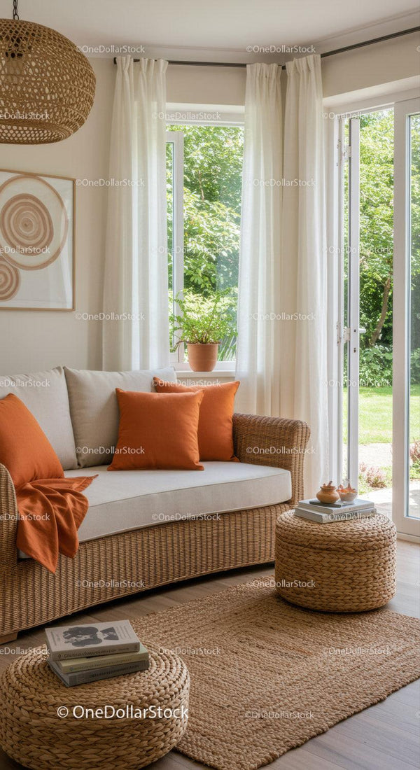 Cozy living room with natural wicker furniture and orange accents