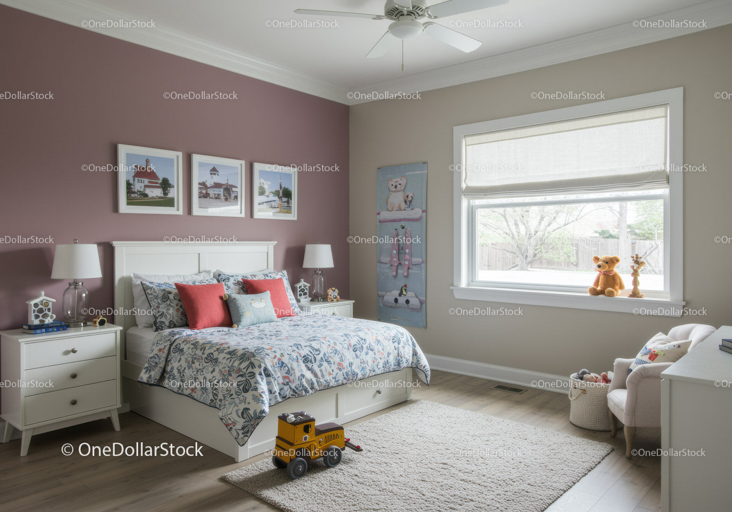 Bright Kids Bedroom With Floral Bedding and Plush Toys