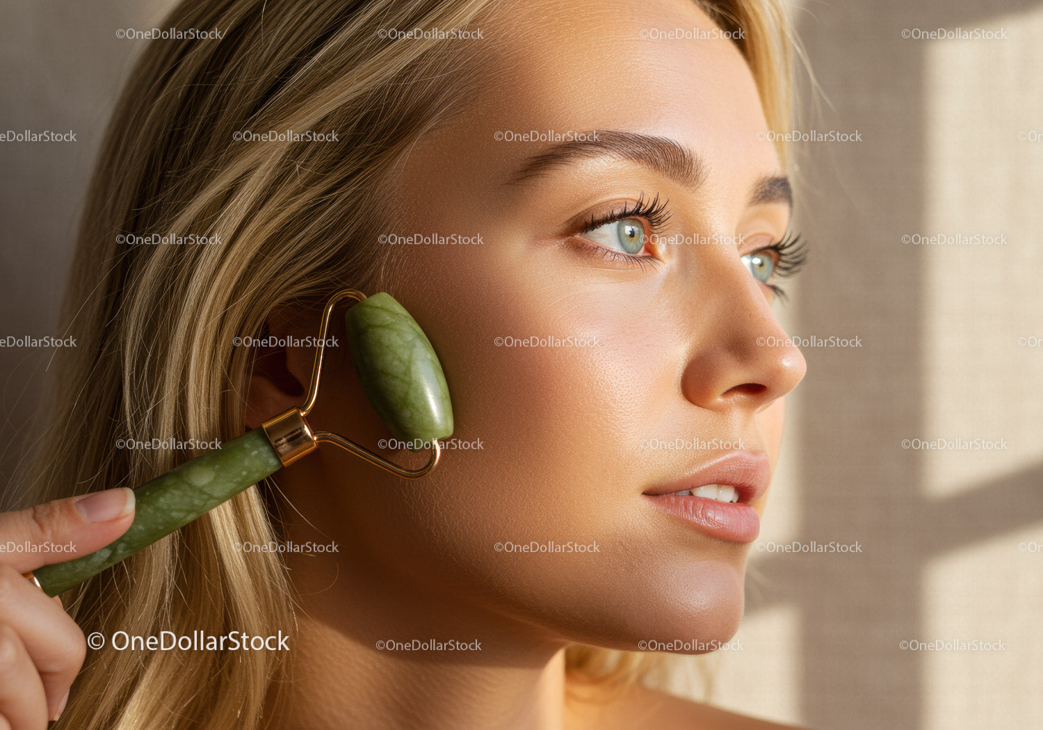 Close-up of a Woman Using Jade Roller for Facial Massage