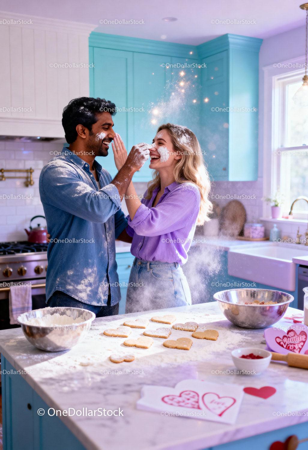 Couple playfully baking heart cookies in bright kitchen
