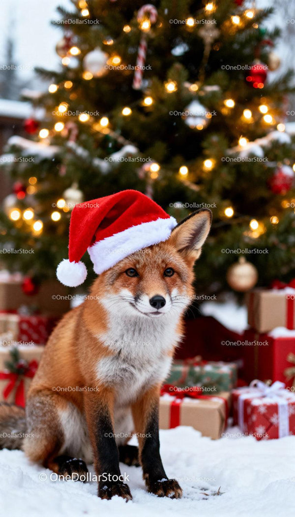 Fox Wearing Santa Hat by Christmas Tree with Gifts