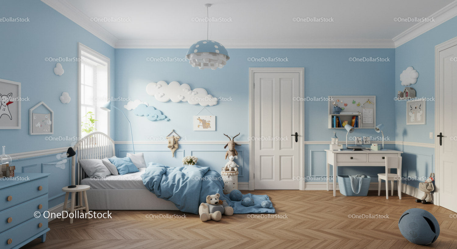 Bright Blue Children's Bedroom with Cloud Decor and Toys