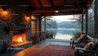 Cozy Lakeside Porch with Fireplace Overlooking Mountain Lake