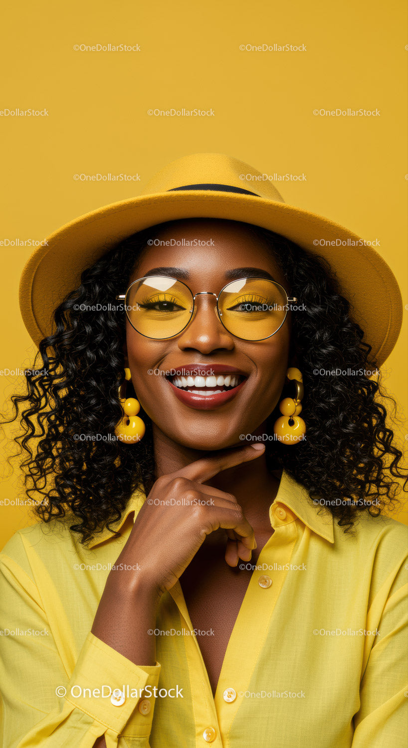 Colorful Fashion Portrait of Smiling Woman with Yellow Accessories
