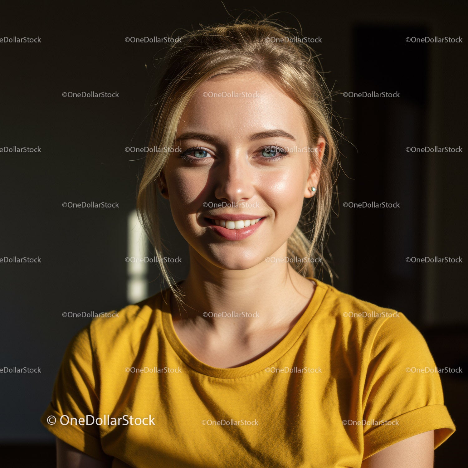 Bright Young Woman Smiling in Casual Yellow T-Shirt with Natural Lighting