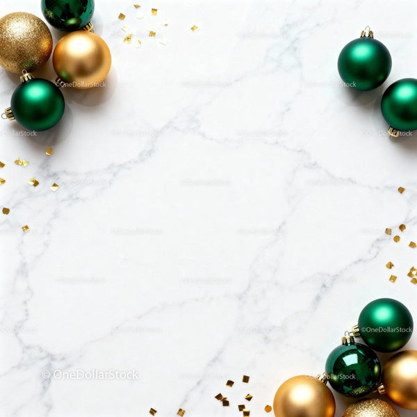 Green and Gold Christmas Ornaments on Marble Surface