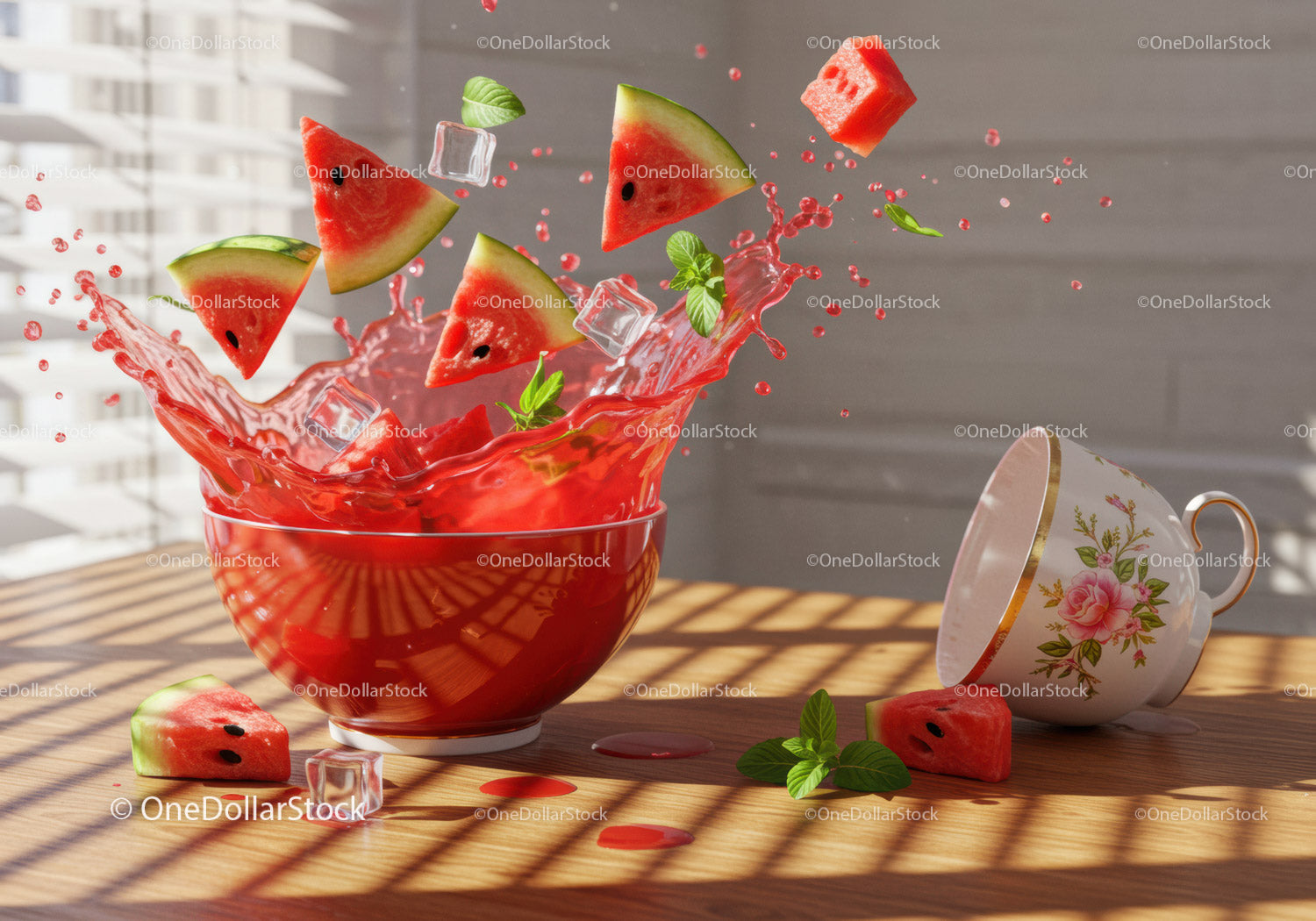 Fresh watermelon splash with mint and ice cubes