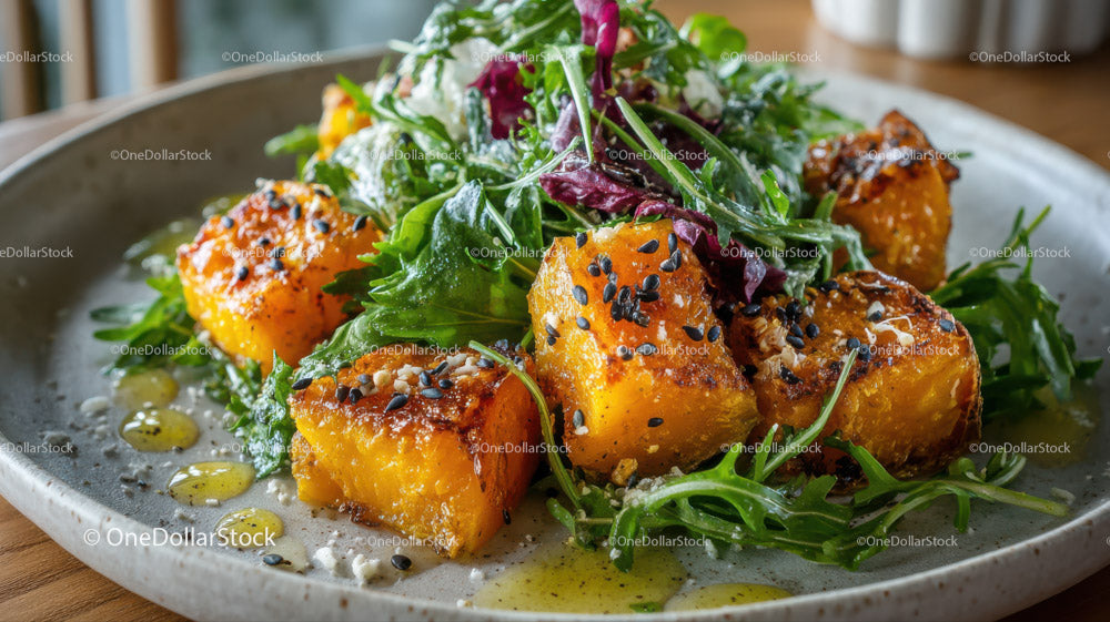 Roasted Sweet Potatoes with Mixed Greens Salad and Seeds