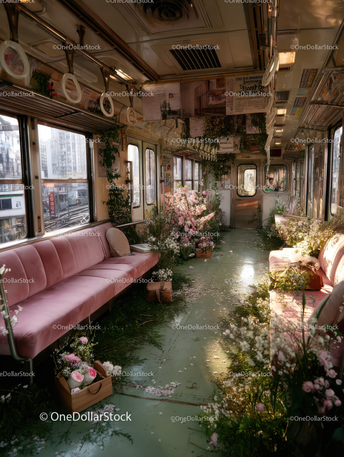 Indoor Garden with Pink Cherry Blossoms and Lush Greenery