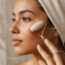 Close-up of a Woman Using Jade Roller for Facial Massage and Skin Rejuvenation