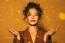 Joyful Woman in Gold Glitter with Sparkling Effect