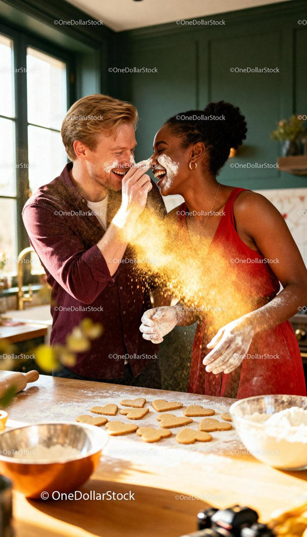 Couple Playfully Baking Heart-Shaped Cookies Together