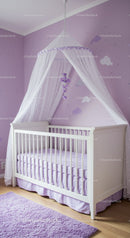 Whimsical Baby Nursery with White Crib and Purple Cloud Wall Art