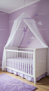 Whimsical Baby Nursery with White Crib and Purple Cloud Wall Art