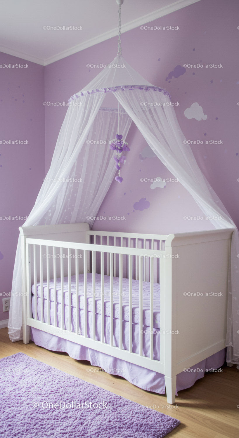 Whimsical Baby Nursery with White Crib and Purple Cloud Wall Art