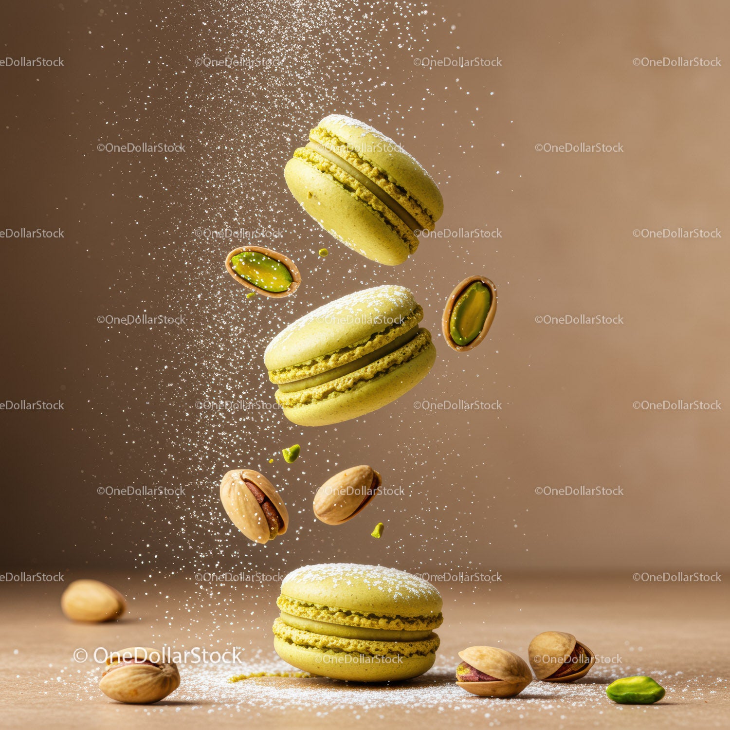 Green Pistachio Macarons with Powdered Sugar Splash