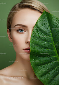 Beautiful Woman with Blue Eyes Half Hidden Behind Large Dewy Green Leaf
