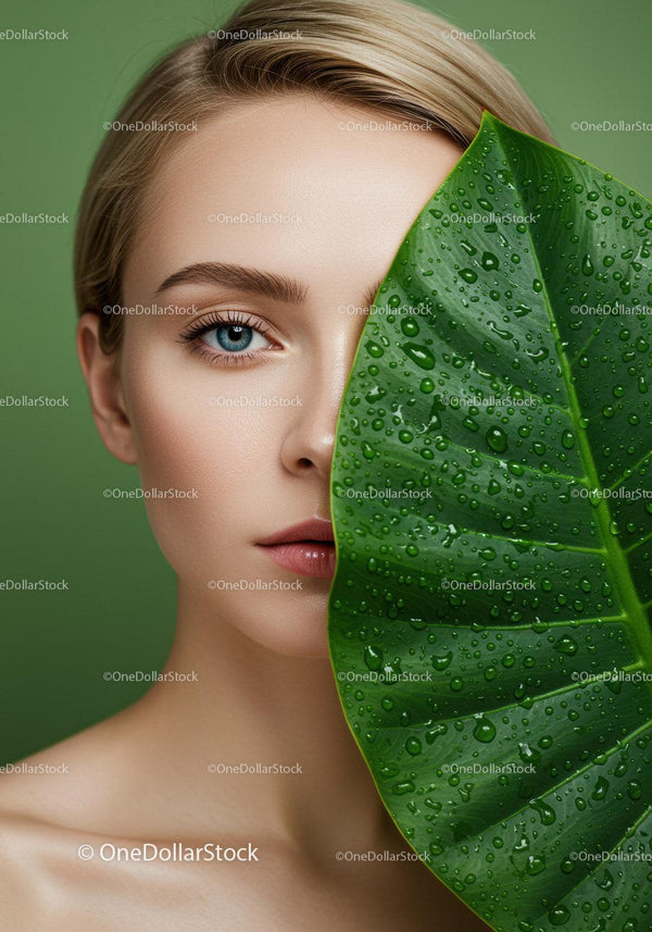 Beautiful Woman with Blue Eyes Half Hidden Behind Large Dewy Green Leaf