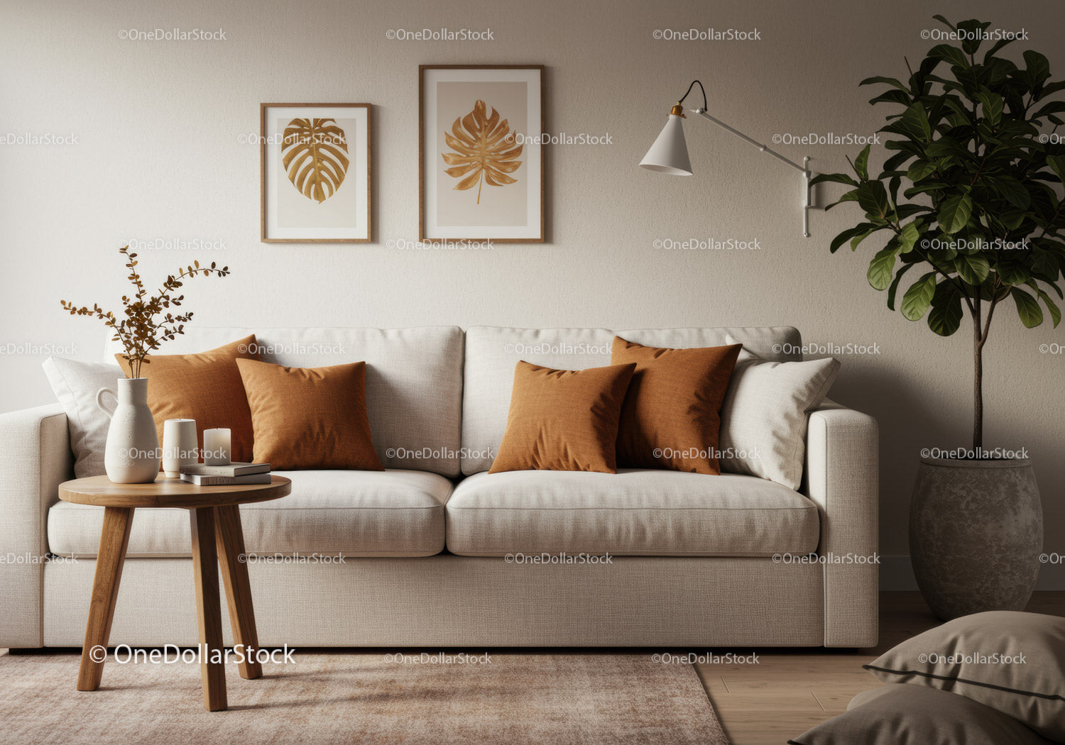 Przytulna beżowa sofa z brązowymi poduszkami w nowoczesnym salonie