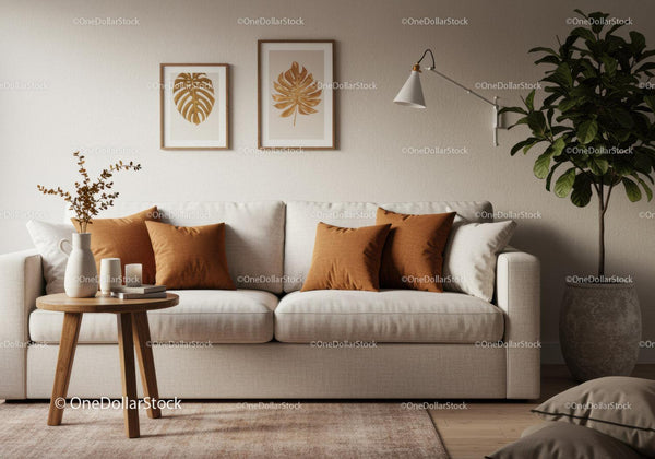 Przytulna beżowa sofa z brązowymi poduszkami w nowoczesnym salonie