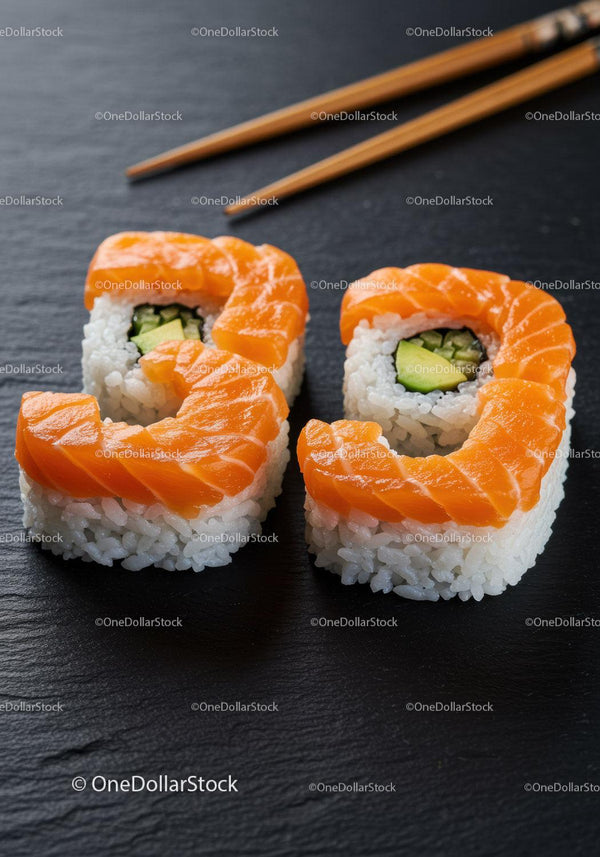 Fresh salmon sushi rolls with cucumber on black slate