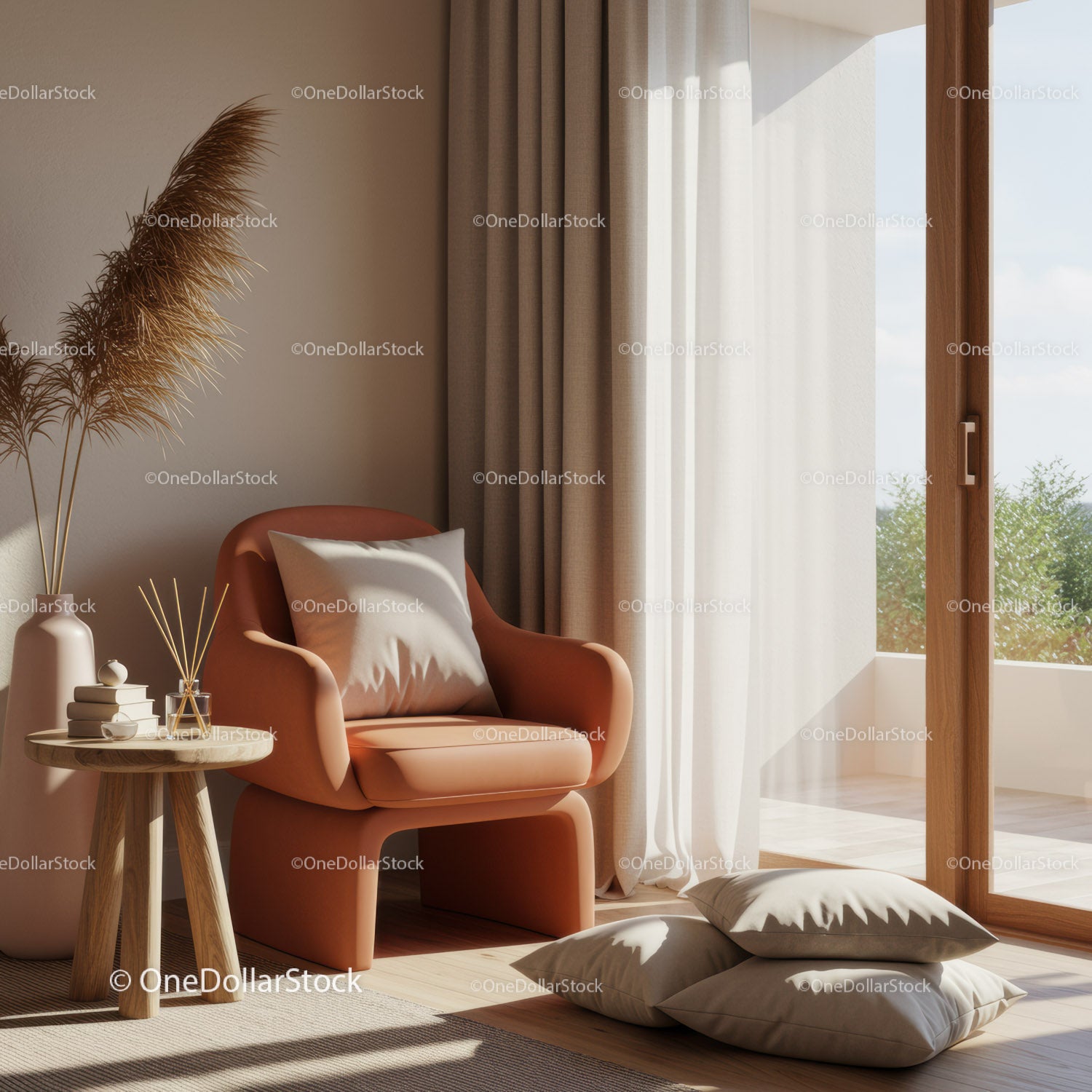 Cozy modern lounge corner with sunlight and soft cushions