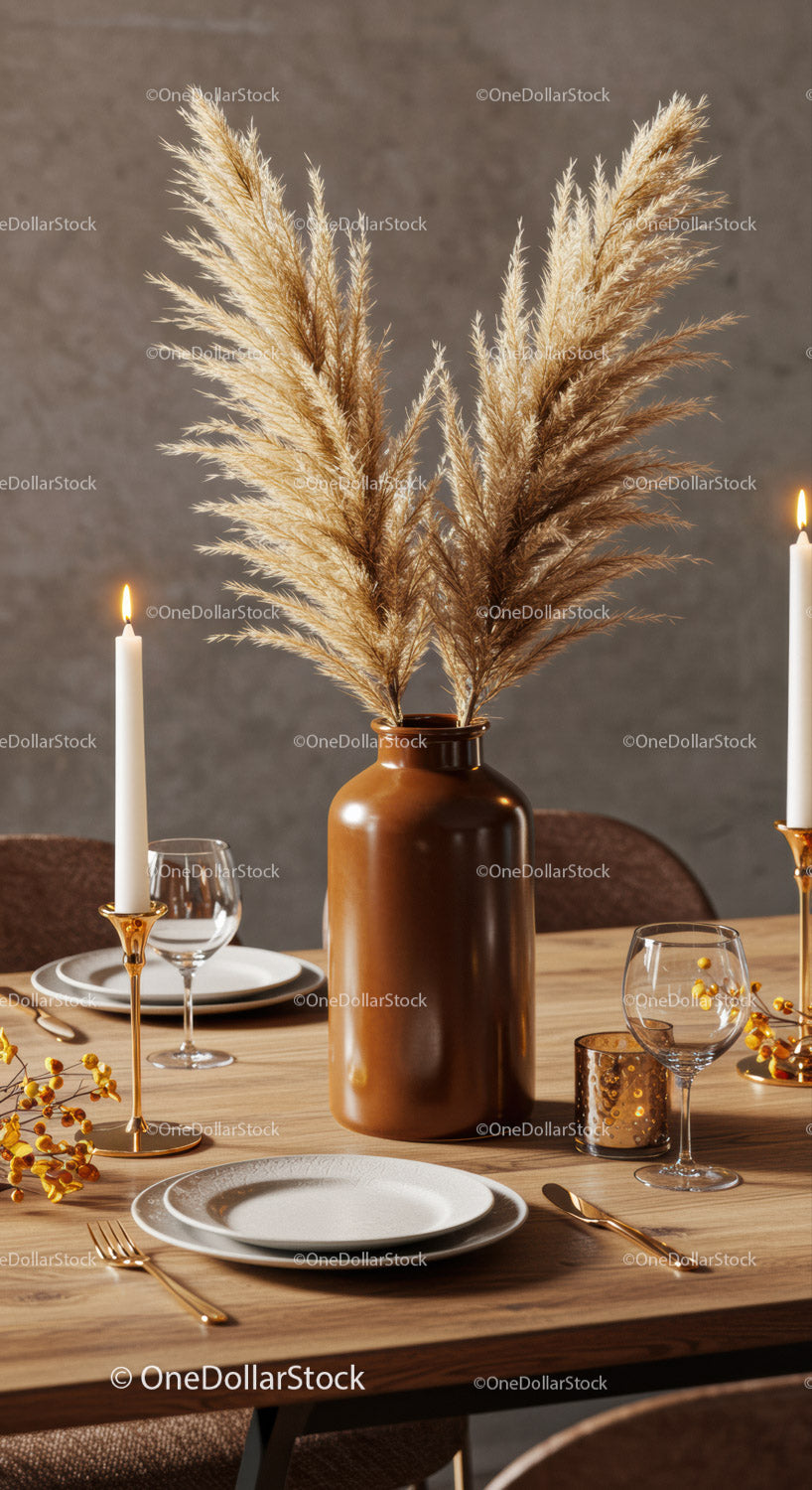 Elegant Dining Table Decor with Pampas Grass and Candles in Modern Interior