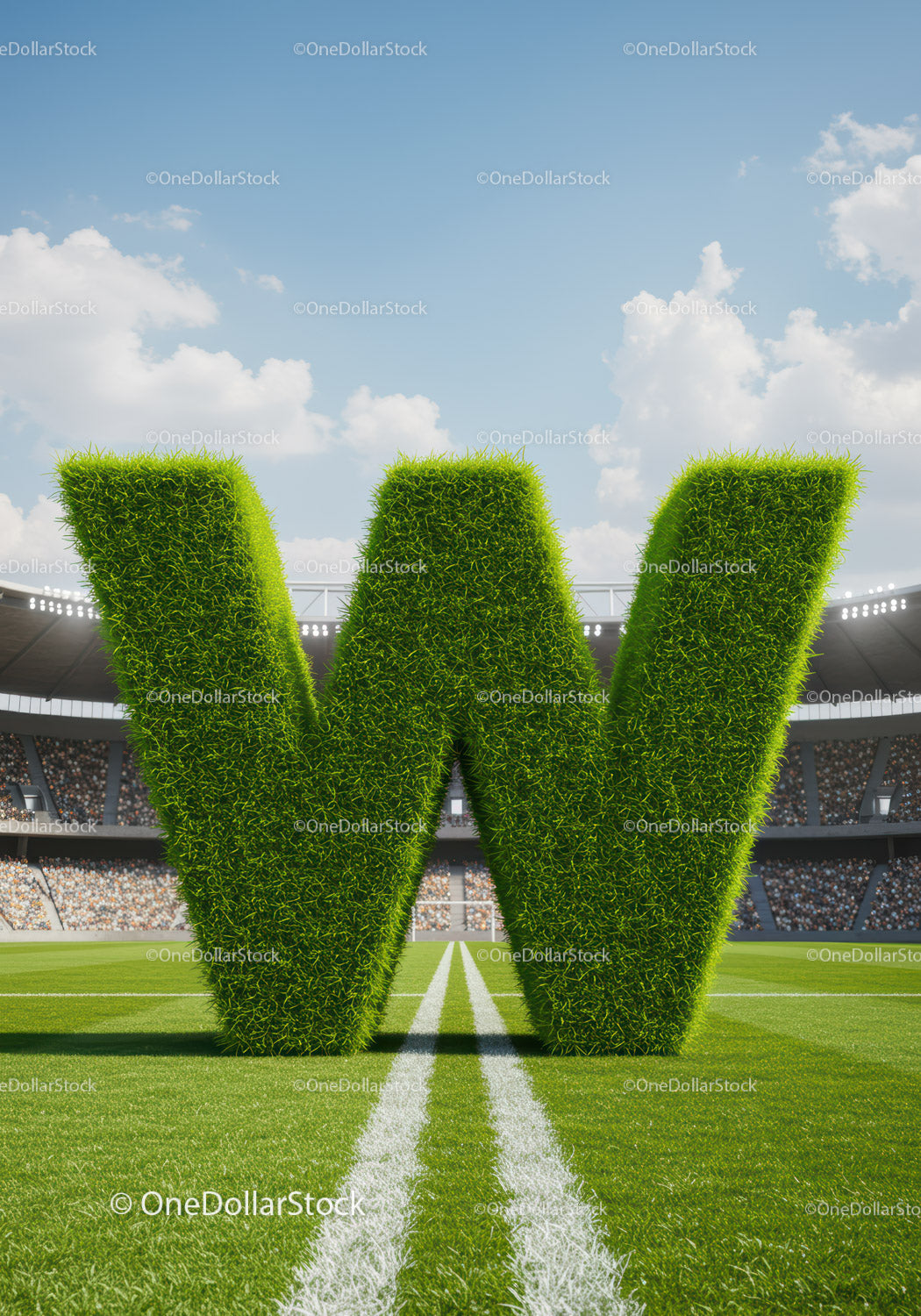 Large Grass Letter W on Football Field with Stadium Crowd