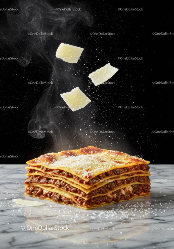 Steaming layered lasagna with falling Parmesan cheese