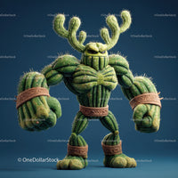 Vibrant Green Anthropomorphic Cactus Character with Muscular Build