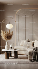 Cozy modern living room with curved sofa and soft lighting