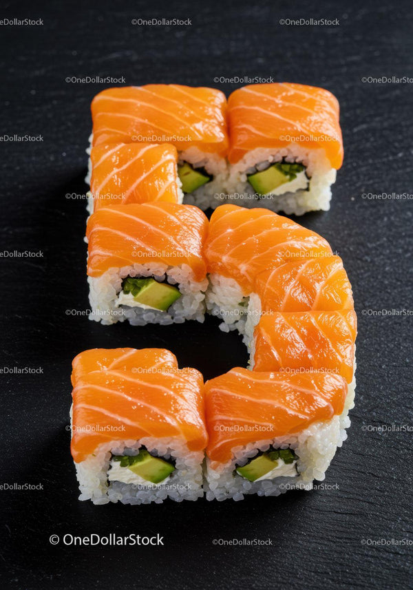 Salmon avocado sushi rolls arranged in number five shape