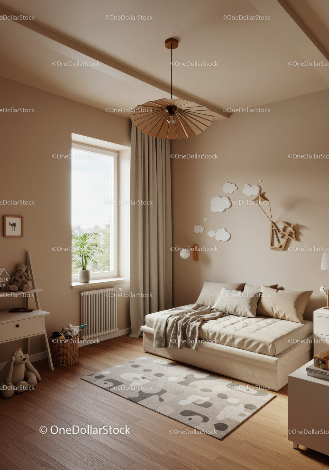 Cozy Modern Bedroom with Cloud Wall Decals and Soft Natural Light