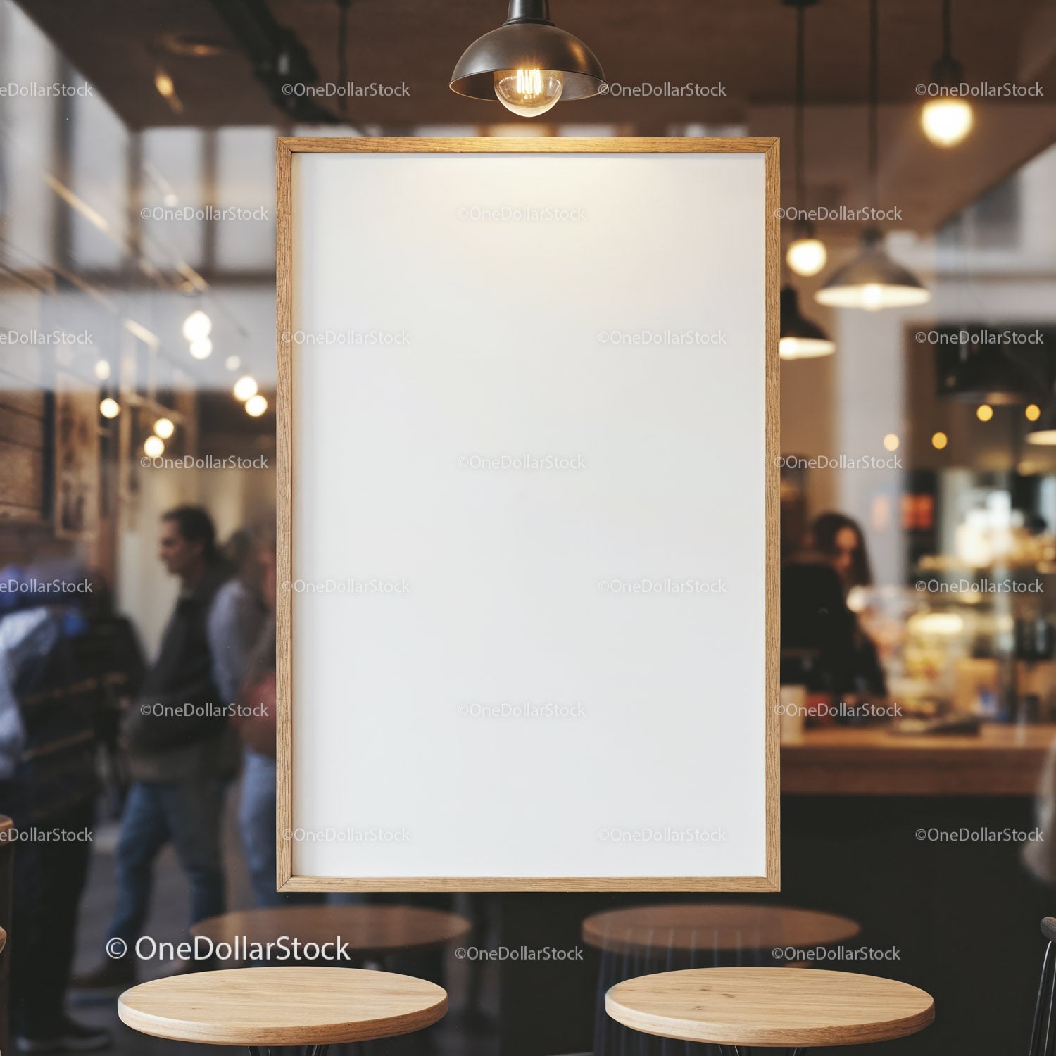 Blank wooden frame in cozy cafe interior with patrons