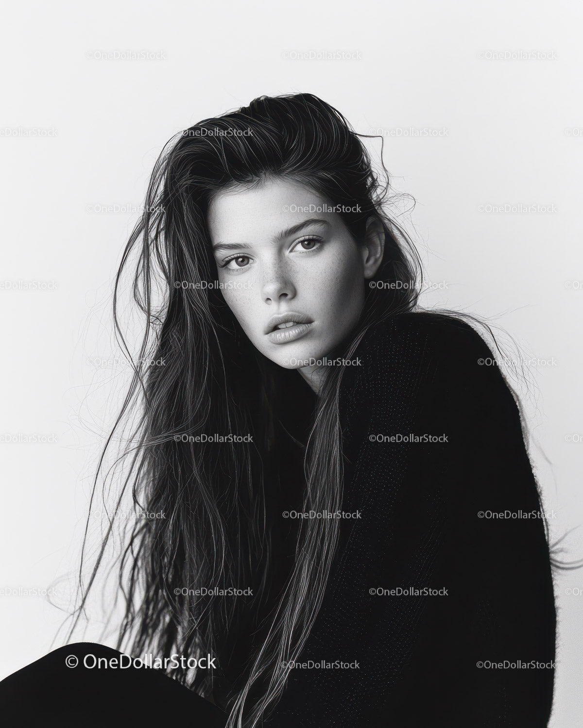 Striking Black and White Portrait of a Young Woman with Long Hair