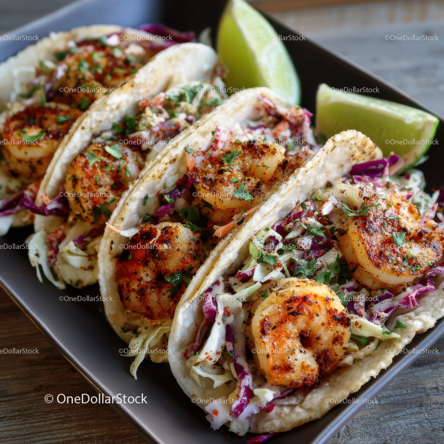 Seafood Shrimp Tacos with Cabbage Slaw and Lime Slices
