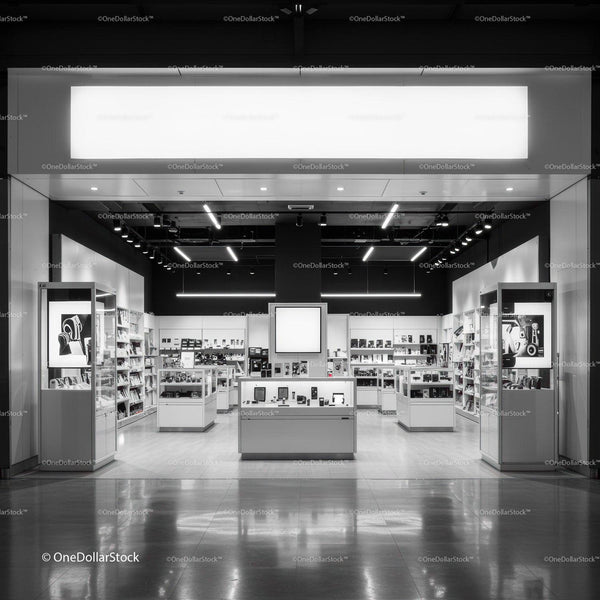 Modern electronics store interior with bright displays JPG Mockup Image