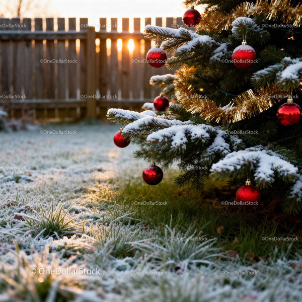Snow Dusting on Christmas Tree with Red Ornaments