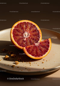Freshly sliced blood orange on a beige plate